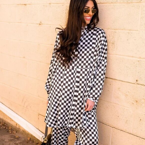 Dressed in Lala Checkerboard Satin Top S Black White Oversized Tunic Shirt - Picture 1 of 7